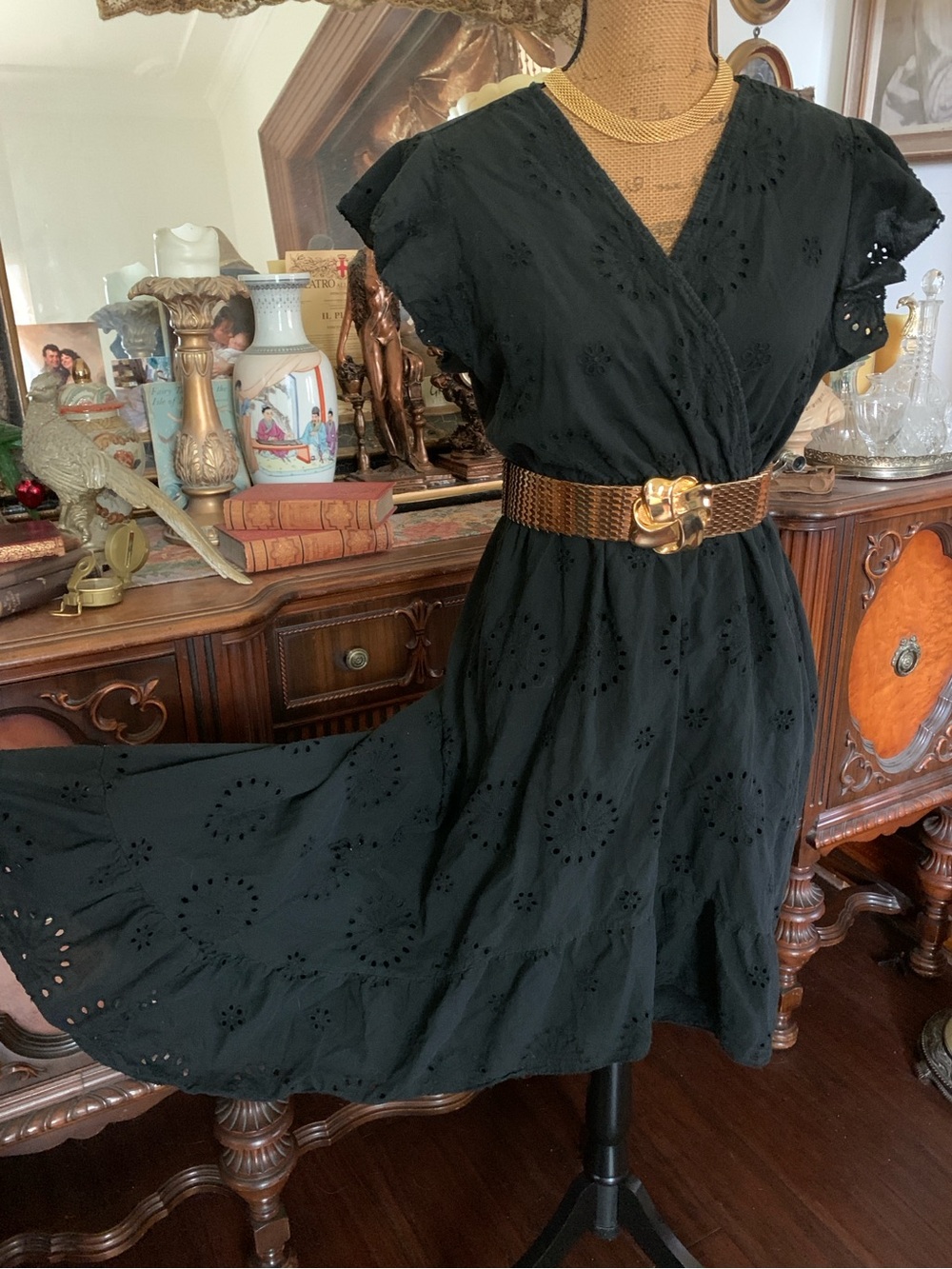 Vintage Valentina Naldi 40s/50s-inspo Black Cotton Eyelet Boho Tiered Dress